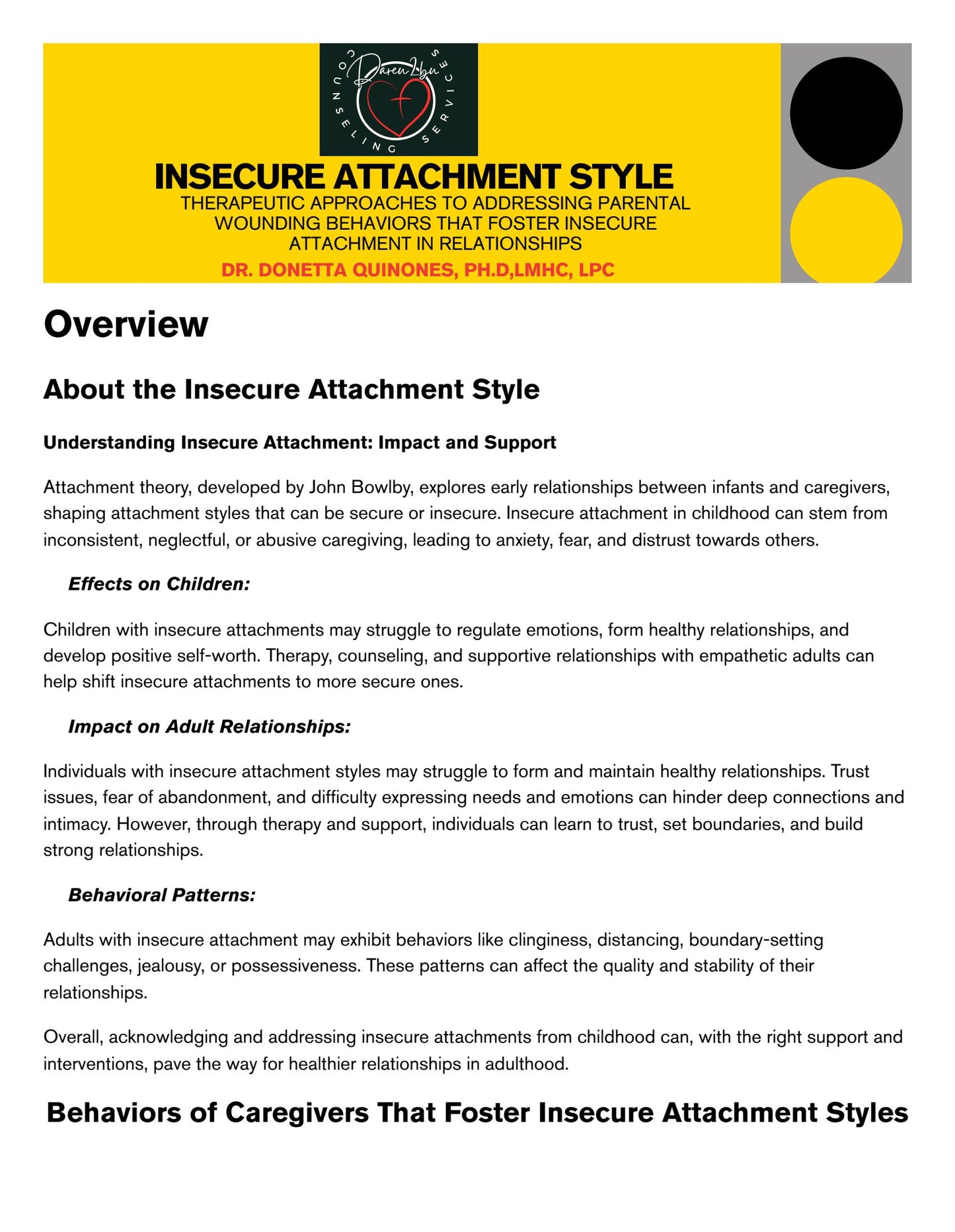 Insecure Attachment Style: Therapeutic Approaches to Addressing Parental Wounding Behaviors